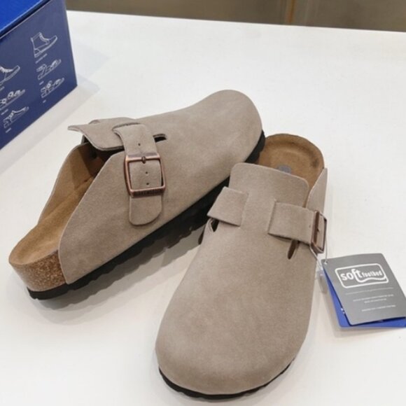 Birkenstock Boston Narrow | Wide Suede Leather Women Men Taupe Shoes - Picture 5 of 9